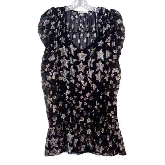 LoveShackFancy Silk Blend Black Gold Star Butterfly Preppy Metallic Mini Dress 6 - Picture 1 of 9